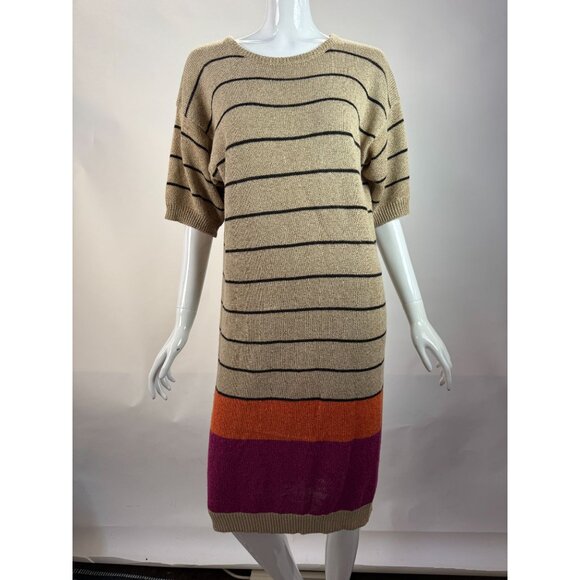 Jones New York Vintage 90s Striped Knit Sweater Dress Beige/Black W/ Orange & Pu - Picture 7 of 16